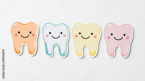 Cheerful pediatric dental stickers featuring smiling tooth characters in playful colors for children