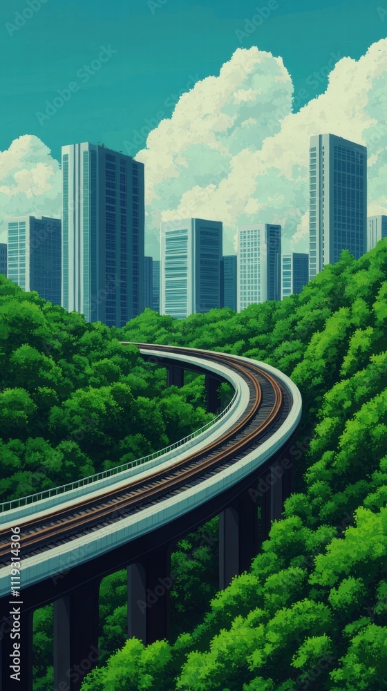 A winding railway surrounded by lush greenery leads to a modern city skyline under a vibrant blue sky with fluffy clouds. A winding railway surrounded by lush greenery leads to a modern city skyline under a vibrant blue sky with fluffy clouds.