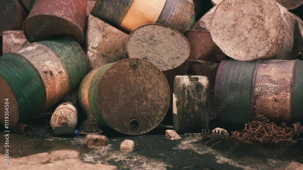 A collection of rusted barrels lies in disarray at an abandoned industrial location. The site shows signs of neglect, highlighting environmental concerns. A collection of rusted barrels lies in disarray at an abandoned industrial location. The site shows signs of neglect, highlighting environmental concerns.