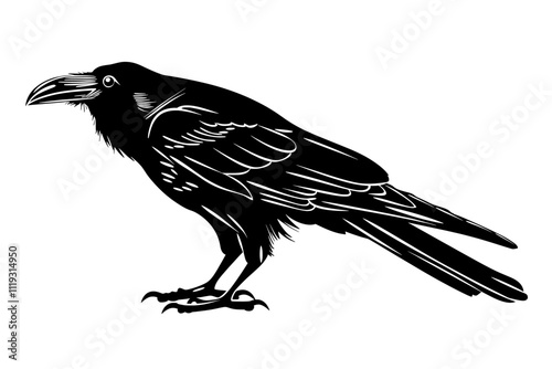 Crow vector silhouette, raven black icon, halloween bird illustration isolated on white