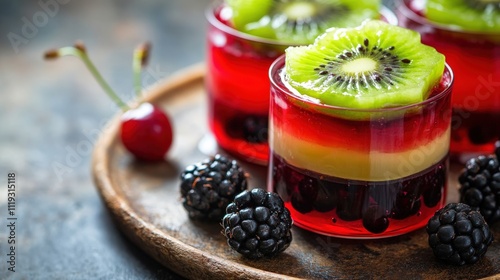 Layered Fruit Jelly Dessert with Kiwi and Berries photo