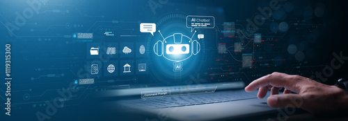 Humans interact with AI artificial intelligence brain processor in the concept of artificial intelligence engineering AI big data and artificial intelligence machine learning to use general AI for UU
