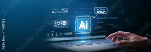 Humans interact with AI artificial intelligence brain processor in the concept of artificial intelligence engineering AI big data and artificial intelligence machine learning to use general AI for UU
