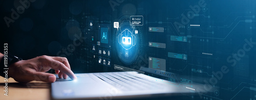 Humans interact with AI artificial intelligence brain processor in the concept of artificial intelligence engineering AI big data and artificial intelligence machine learning to use general AI for UU