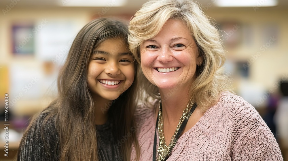 Teacher and Student Smiling Together in a Classroom Teacher and Student Smiling Together in a Classroom