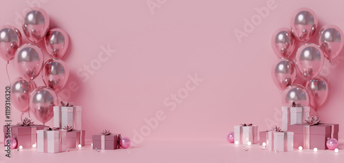 Luxurious Pink Decorations with Balloons and Gift Boxes 3D Render