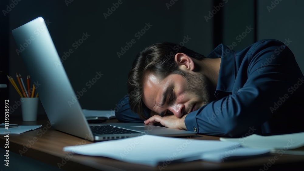 Exhausted man sleeping on desk, laptop open, papers scattered, n Exhausted man sleeping on desk, laptop open, papers scattered, n