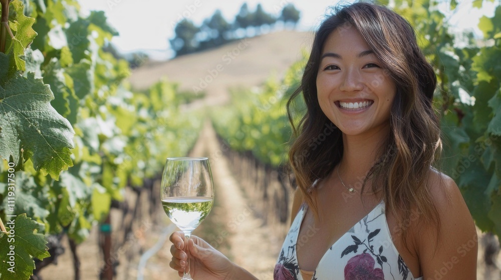 Fototapeta premium In a picturesque vineyard bathed in sunlight, a cheerful woman delights in tasting wine, savoring flavors as she stands among lush grapevines, embodying relaxation and charm