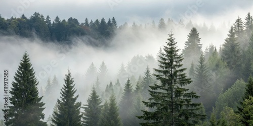 Enigmatic Fog Envelops a Majestic Evergreen Forest, Creating a Serene and Mysterious Atmosphere