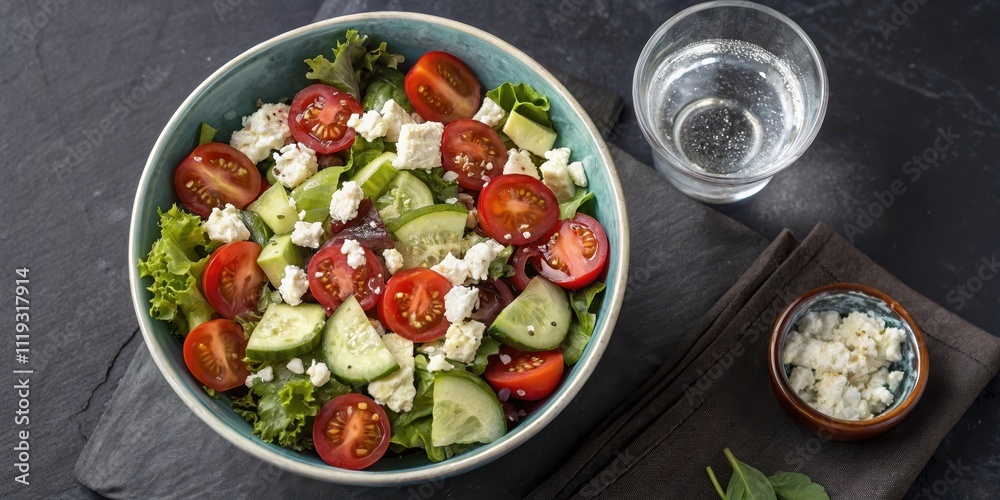 A refreshing bowl of vibrant salad with cucumbers, tomatoes, and feta cheese, perfect for a healthy and light meal. A refreshing bowl of vibrant salad with cucumbers, tomatoes, and feta cheese, perfect for a healthy and light meal.