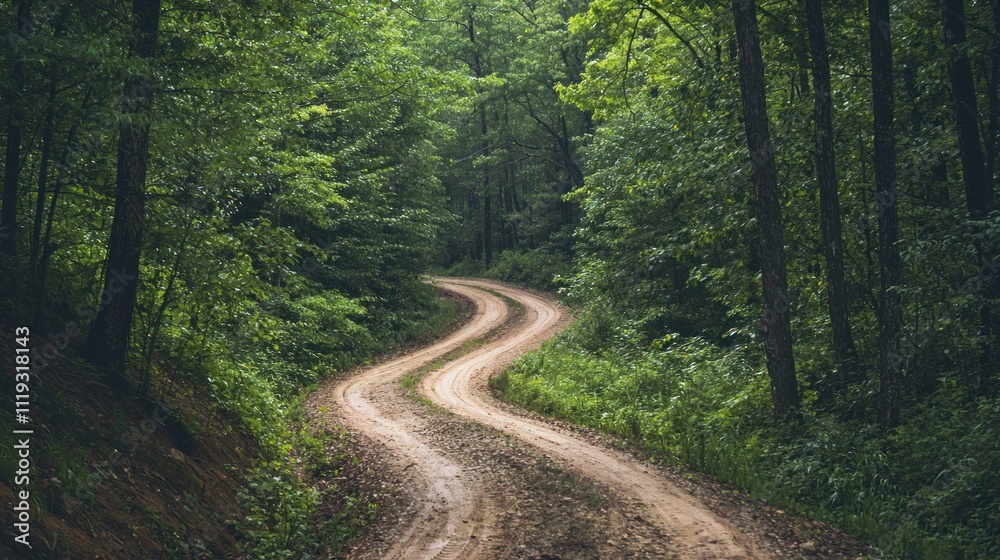 A winding dirt road cutting through a dense forest, inviting adventure and exploration. A winding dirt road cutting through a dense forest, inviting adventure and exploration.