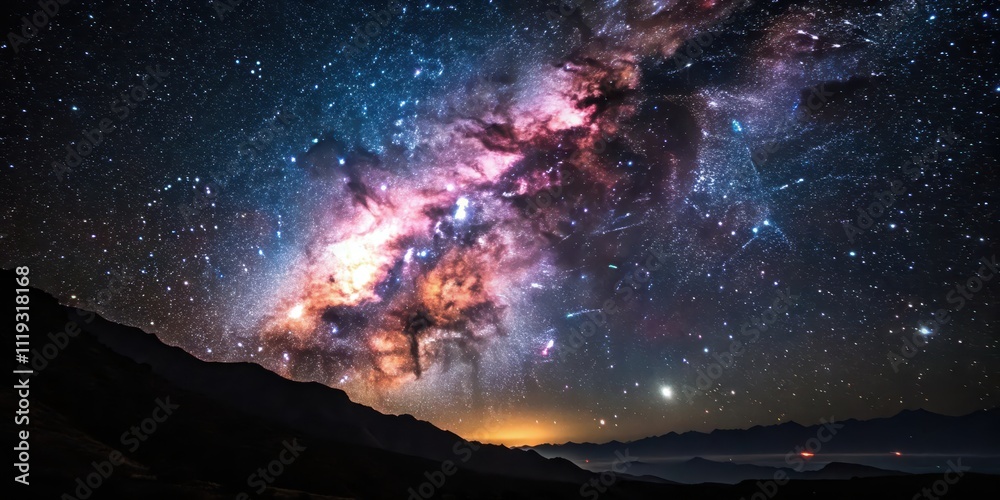 Fototapeta premium Celestial Canvas A Night Sky Panorama Featuring a Vibrant Milky Way Galaxy Above Silhouetted Mountains
