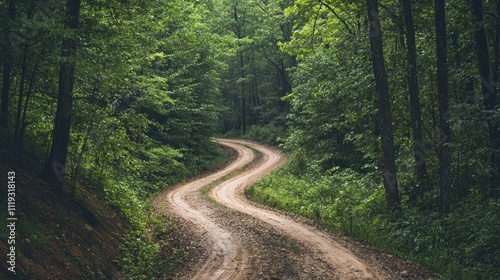 A winding dirt road cutting through a dense forest, inviting adventure and exploration.