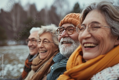 Group of senior friends having fun outdoors in the park, laughing and smiling