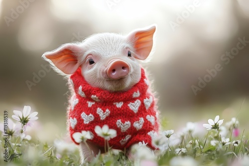 Playful Piglet in Heart-Patterned Scarf Meadow Animal Portrait Floral Environment Close-Up Joyful Concept