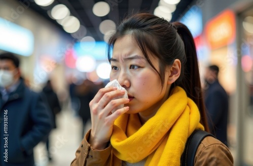 A young Asian woman sneezes and blows her nose into a white handkerchief. The woman's neck is wrapped in a yellow warm scarf, the woman walks in a shopping mall. Cold season