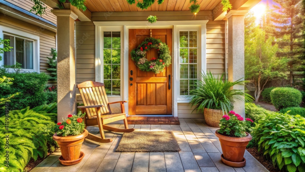 Cozy Square Frame Porch with Wooden Chair, Potted Plants, Wreath, and Doormat - Perfect for Home Decor Photography Cozy Square Frame Porch with Wooden Chair, Potted Plants, Wreath, and Doormat - Perfect for Home Decor Photography