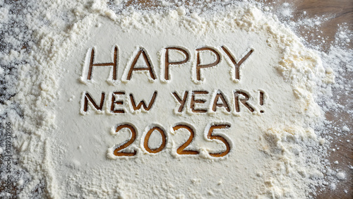 Happy New Year 2025 Written on Flour Background