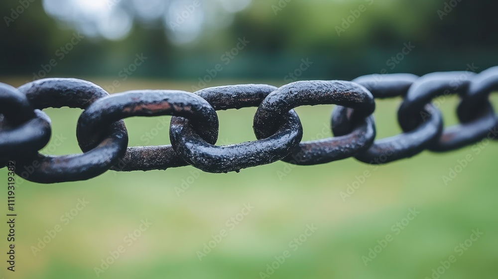 Strong Metal Chain Links Closeup Outdoor Nature Background Strong Metal Chain Links Closeup Outdoor Nature Background