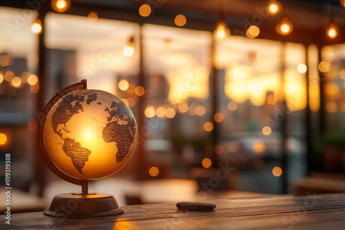 A beautifully crafted golden globe sits on a table, illuminated by warm lights, against the backdrop of a softly blurred cityscape during sunset, symbolizing exploration. photo