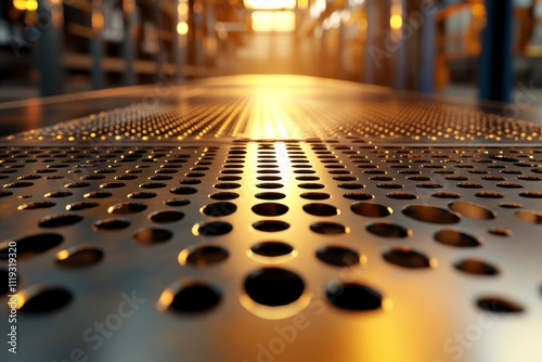 A detailed view of an industrial metallic surface with circular perforations illuminated by warm, golden light, capturing the essence of texture and design.