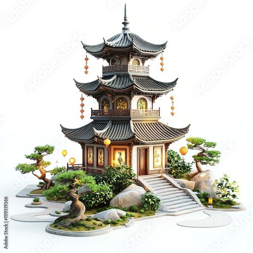 A full view of a classic Chinese pagoda surrounded by small decorative elements like lanterns and bonsai trees. photo