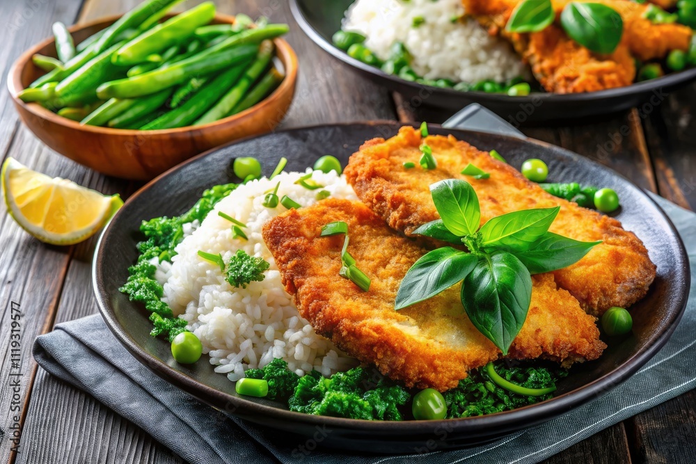 Crispy Fish Chops with Rice, Greens & Sauce - Delicious Recipe Crispy Fish Chops with Rice, Greens & Sauce - Delicious Recipe