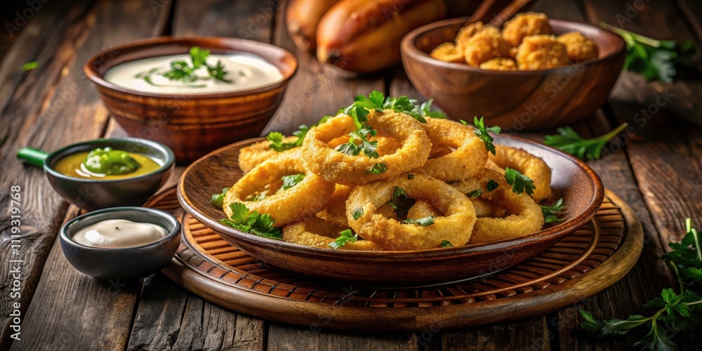 Crispy Squid Rings in Batter - Authentic Spanish Cuisine Night Photography, Gourmet Food, High-Quality Dish Presentation, Delicious Seafood, Culinary Art, Tasty Appetizer Crispy Squid Rings in Batter - Authentic Spanish Cuisine Night Photography, Gourmet Food, High-Quality Dish Presentation, Delicious Seafood, Culinary Art, Tasty Appetizer