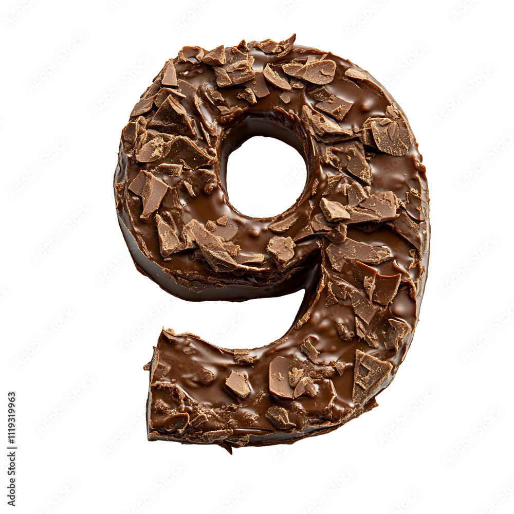 Extreme top view of a 3D number 9 made of plain chocolate isolated on a white transparent background Extreme top view of a 3D number 9 made of plain chocolate isolated on a white transparent background