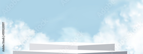 Background blue podium platform over sky,white cloud for cosmetic display product for winter,Summer banner with stage stand mockup with abstract building exterior design on spring nature landscape