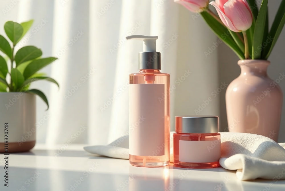 Beauty Treatment Skincare Mockup - Lotion, Cream, Serum, Oil Bottles on White Decor Beauty Treatment Skincare Mockup - Lotion, Cream, Serum, Oil Bottles on White Decor