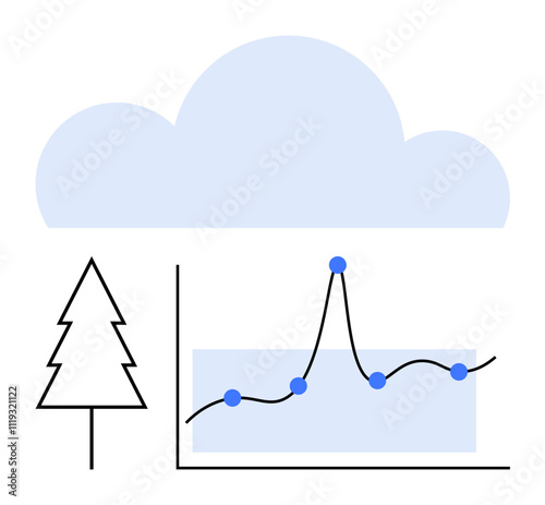 Cloud shape tree outline line graph with fluctuating data points. Ideal for themes of data analysis, environment, climate change, sustainability, nature, statistics, and growth. Line metaphor