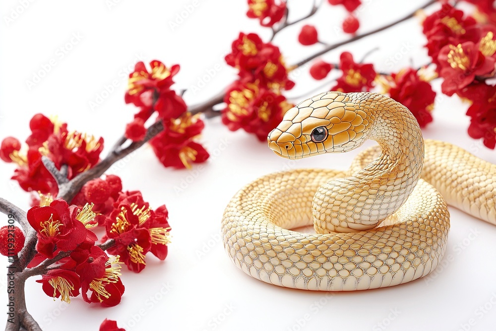A stylized gold snake with intricate scales, coiled elegantly around a red Chinese New Year decoration. A stylized gold snake with intricate scales, coiled elegantly around a red Chinese New Year decoration.