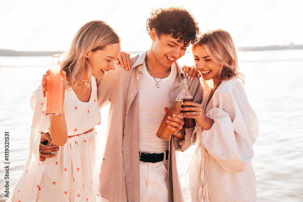 Young stylish friends posing at the seaside. Fashion man and two cute female dressed in casual summer clothes. Smiling models having fun. Cheerful women and guy outdoors, Hold and drink lemonade Young stylish friends posing at the seaside. Fashion man and two cute female dressed in casual summer clothes. Smiling models having fun. Cheerful women and guy outdoors, Hold and drink lemonade
