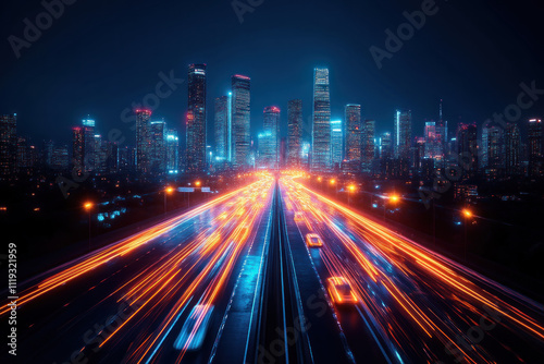 Wallpaper Mural Light trails on highway to futuristic city at night. Torontodigital.ca