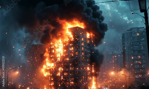 Dramatic Scene of a High-Rise Building Engulfed in Flames Amidst Turbulent Skies
