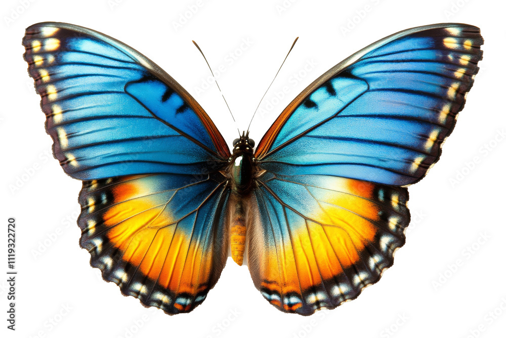 Blue and orange butterfly with detailed wings against transparent background Blue and orange butterfly with detailed wings against transparent background