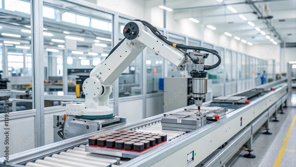Robotic arm assembling products on a conveyor belt in a modern factory setting