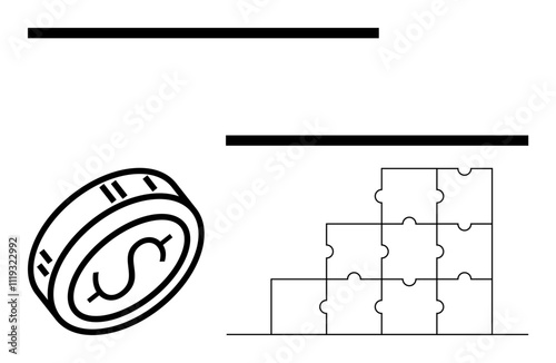 Coin beside stack of puzzle pieces shows collaboration in financial growth. Ideal for finance, teamwork, problem-solving, strategy, organization, investment, management. Line metaphor