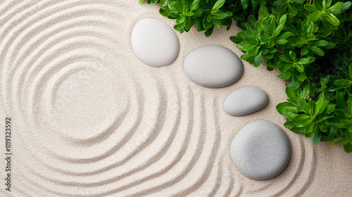 tranquil zen garden with raked sand, smooth stones, and greenery photo