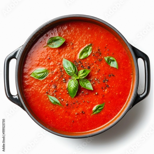 Saucepan of tomato cream soup isolated on white background, top view.