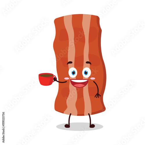 cute cheerful expression of bacon cartoon character carry cup of coffee
