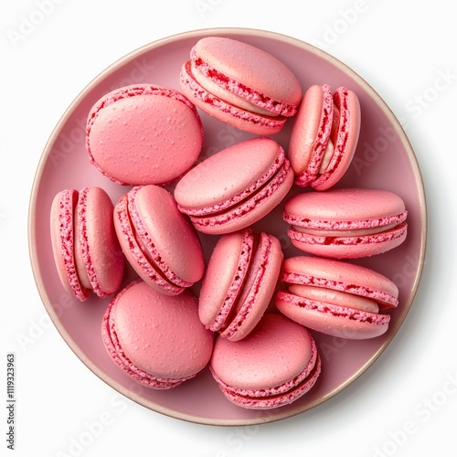 Plate of pink macarons isolated on white background, top view.
