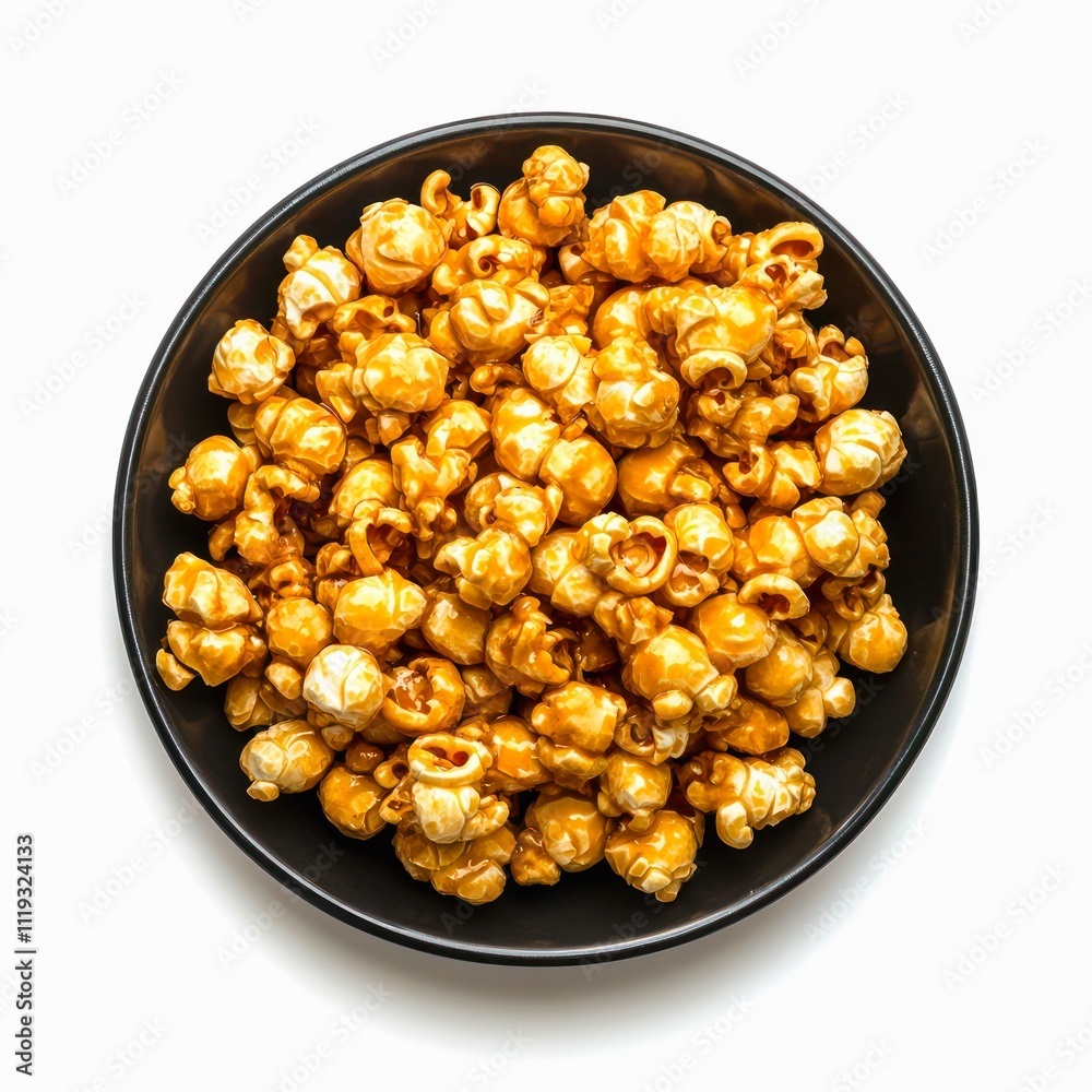 Plate of caramel popcorn isolated on white background, top view. Plate of caramel popcorn isolated on white background, top view.