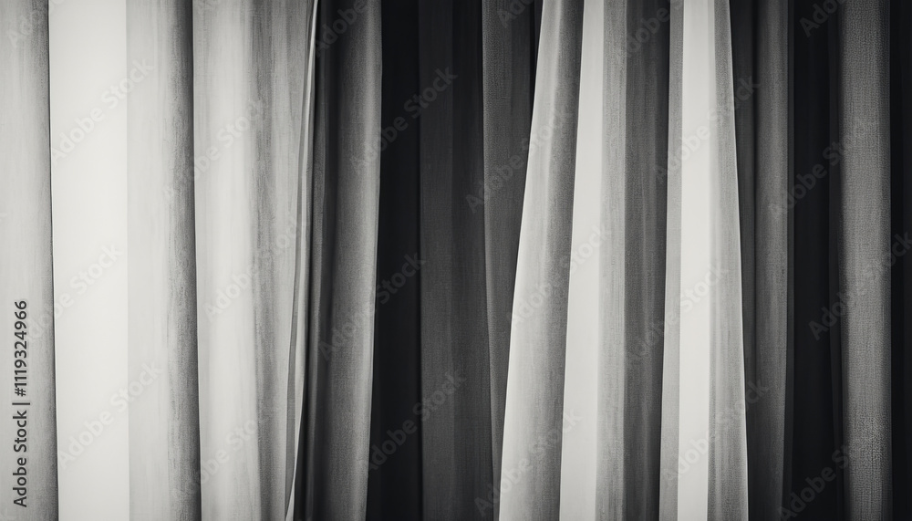 Elegant draped curtains in shades of black and white creating a soft ambiance Elegant draped curtains in shades of black and white creating a soft ambiance