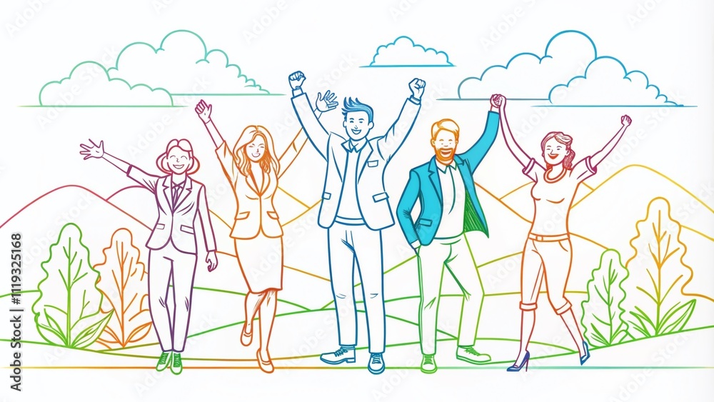 Happy Office Workers Celebrating Success - Landscape Drawing Happy Office Workers Celebrating Success - Landscape Drawing