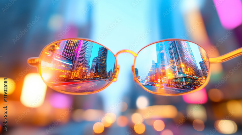 Reflections of a Vibrant City in Sunglasses at Twilight Showcasing Urban Lights and Skyscrapers Reflections of a Vibrant City in Sunglasses at Twilight Showcasing Urban Lights and Skyscrapers
