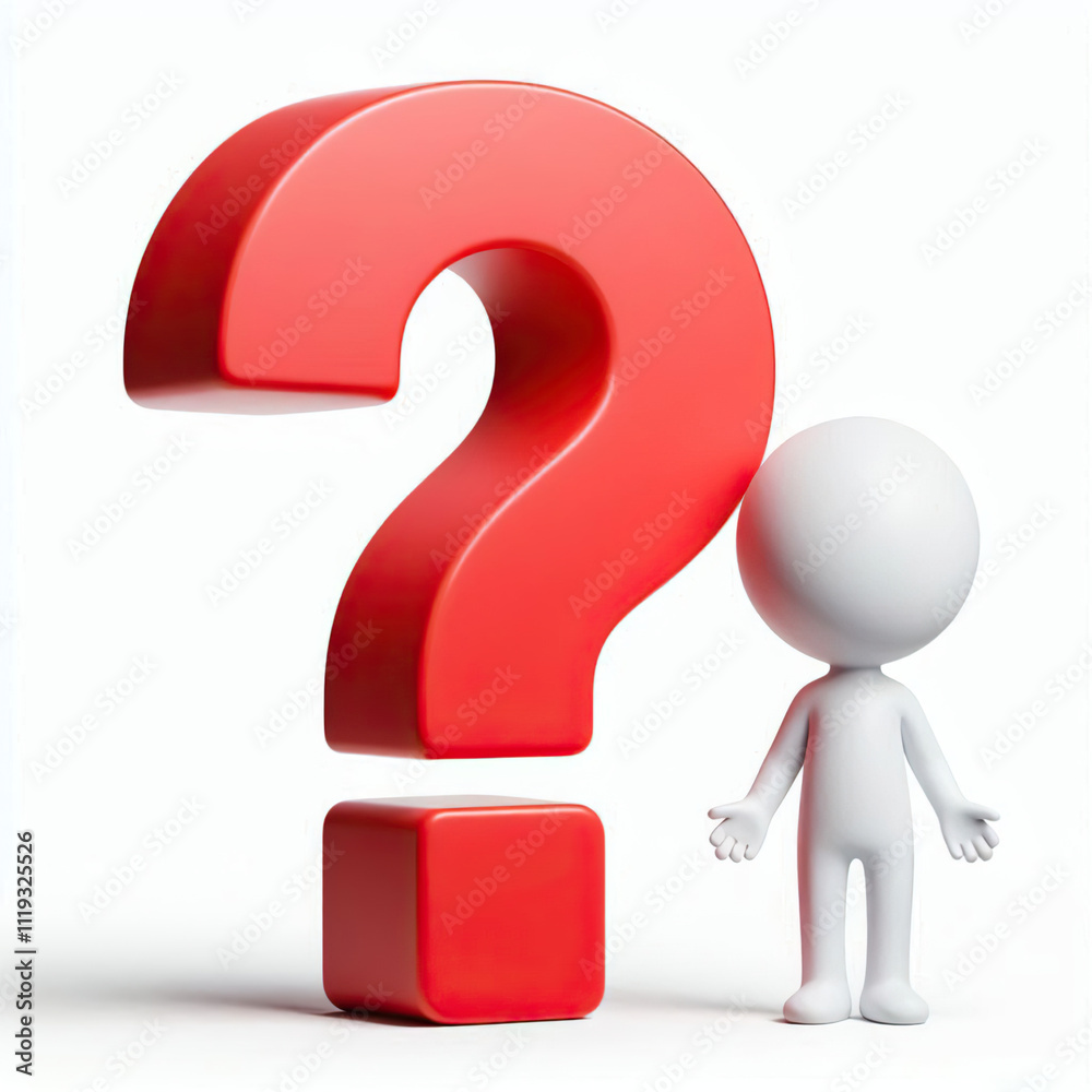 3D Red Question Mark with a White Figure, Representing Uncertainty 3D Red Question Mark with a White Figure, Representing Uncertainty