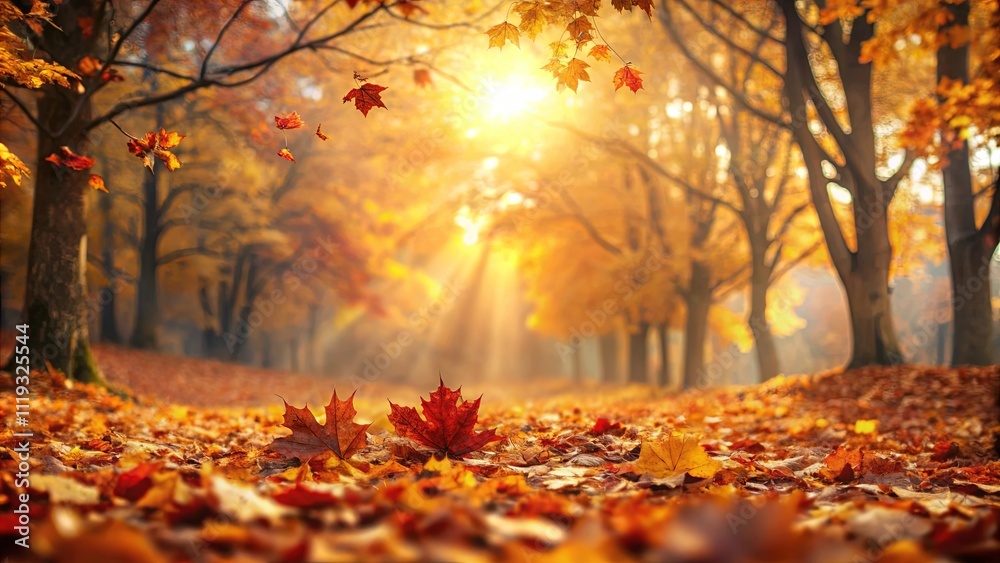 Autumnal Sunlight Illuminates a Pathway Through a Golden Forest, Where Fallen Leaves Carpet the Ground Autumnal Sunlight Illuminates a Pathway Through a Golden Forest, Where Fallen Leaves Carpet the Ground