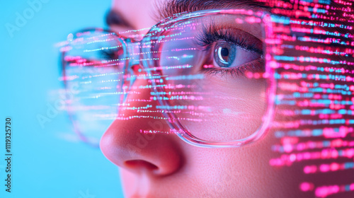 Close up of a Person Wearing Glasses With Digital Code Reflected in Their Eyes, Symbolizing Technology and Digital Innovation in a Modern Context